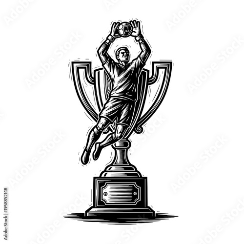 Vetor Pinocut A unique illustration of a goalkeeper grasping the ball, depicted within a trophy.