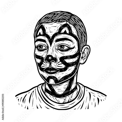 Vetor Pinocut A portrait of a person with cat-themed face paint.