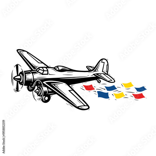 Vetor Pinocut A detailed illustration of an airplane trailing colorful flags.