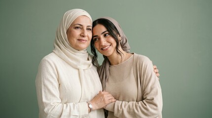 Muslim mother, daughter, hijab, family, Mother's Day, love, hugging in a heartfelt embrace against a green background, celebrating special bonding and connection with affection.