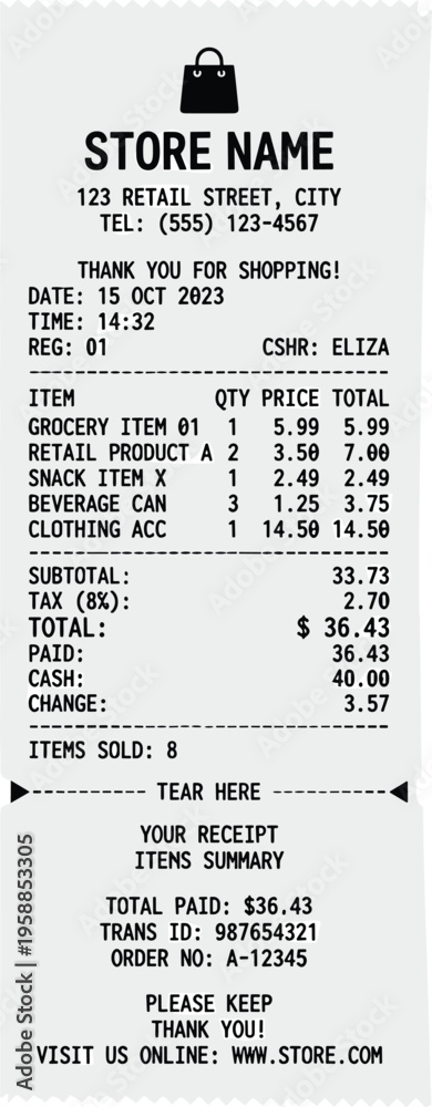 Fototapeta premium Detailed Grocery Store Receipt Showing Itemized Purchases, Taxes, and Total Amount Due