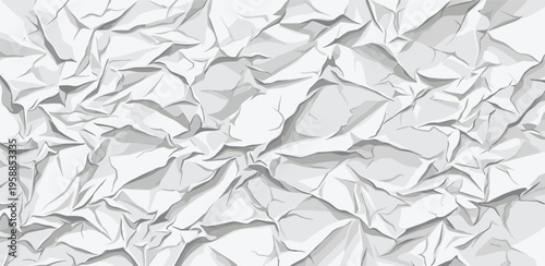 An artistic representation of a heavily crumpled piece of white paper, creating a dynamic background texture with deep shadows and bright highlights, ideal for creative concepts