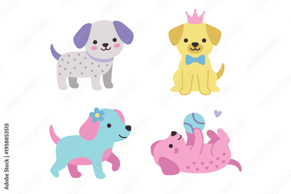 Fototapeta premium Set of Cute Puppy Dogs in Various Poses and Colors, Playful Dog with Ball, Princess Dog and Golden Retriever, Flat Vector Pet Illustration