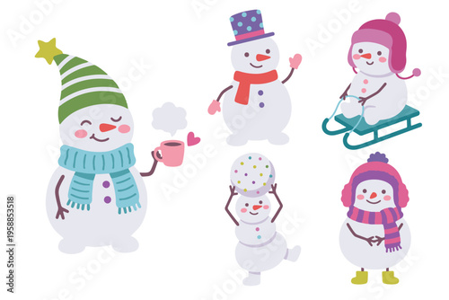 Cute Snowman Character Collection in Winter Outfits, Playing Sled, Drinking Cocoa and Wearing Scarf, Flat Vector Illustration for Christmas