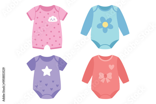 Cute Baby Bodysuit and Onesie Collection, Long and Short Sleeve Infant Apparel with Cloud, Flower, Star, and Heart Patterns, Flat Vector Illustration