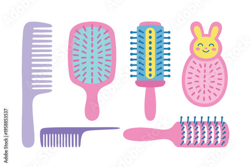 Colorful Hair Comb and Brush Set for Kids and Girls, Beauty Accessory Collection with Bunny Character Brush, Flat Vector Hairdressing Tools