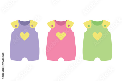 Cute Baby Romper and Jumpsuit Set with Heart Detail, Colorful Sleeveless Infant Clothing, Flat Vector Illustration for Baby Fashion and Shop