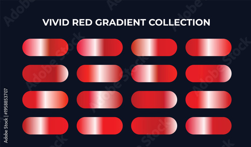 Vivid red gradient collection with 16 glossy metallic swatches, luxury crimson color palette vector, ruby and scarlet satin texture set