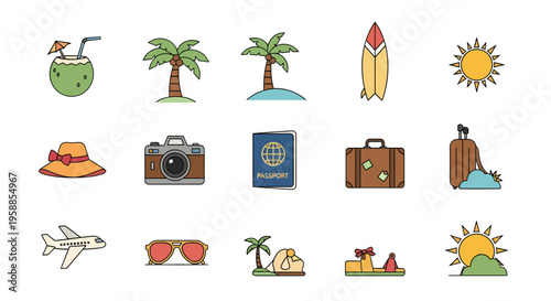 The icon set features a collection of travel-related illustrations on a white background.