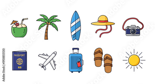A vibrant icon set illustrates a tropical vacation with various travel and leisure elements.