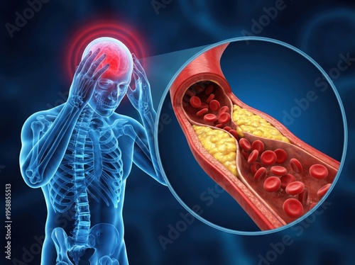  Medical 3D infographic illustration of an ischemic brain stroke concept. X-ray human silhouette suffering from a severe headache with a magnified macro cross-section view of a clogged artery blocked 