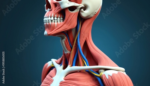 Detailed 3D model shows human neck muscles, bones, nerves, and blood vessels. This anatomical view reveals the intricate structure of the head and upper torso.