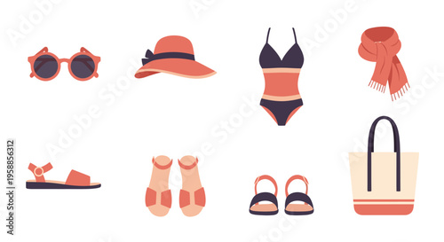 Beach vacation icon set featuring sunglasses, hat, swimsuit, scarf, sandals, socks, and tote bag.