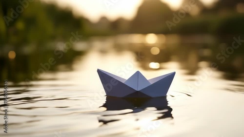 Childs Hand Gently Places Paper Boat on Calm Water at Sunset.