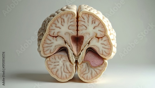 Detailed human brain cross section shows internal structures and tissues. Medical model reveals convolutions gyri sulci and cerebral cortex layers. Science learning biology study organ.