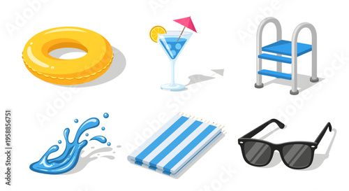 A vibrant icon set featuring a summer beach scene with a inflatable ring, cocktail, pool steps, sunglasses, water splash, and beach towel.