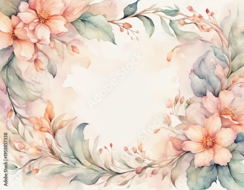An illustrated floral frame with open space and watercolor style flowers. 