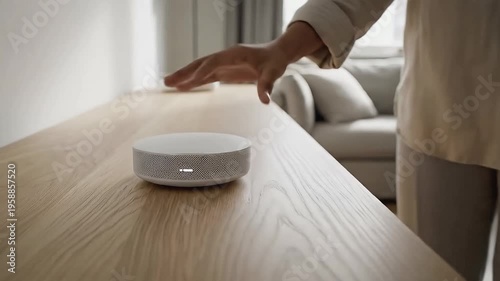 Caucasian woman in light clothing approaches a smart speaker on a wooden table in a modern living room, with a sofa and decorative elements visible in the background