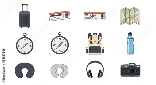 Travel icon set including luggage, tickets, and compass for navigation and exploration purposes.