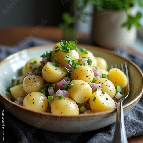 Bowl of baby potato salad with chopped red onion and fresh parsley. Simple side dish with herbs and spices, seasoned and ready to eat. Healthy food photography.