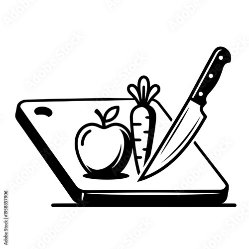 Kitchen Cutting Board with Apple Carrot and Knife Vector Illustration