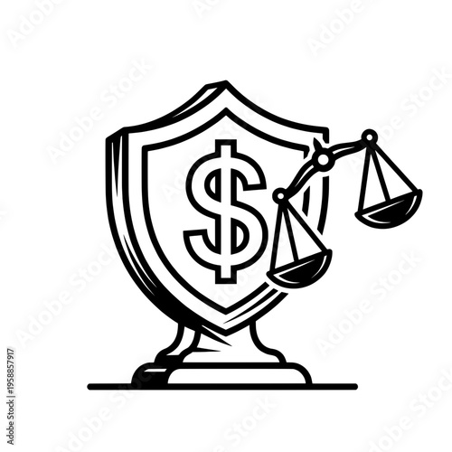 Financial Security and Justice Shield with Dollar Sign and Scales Vector Illustration