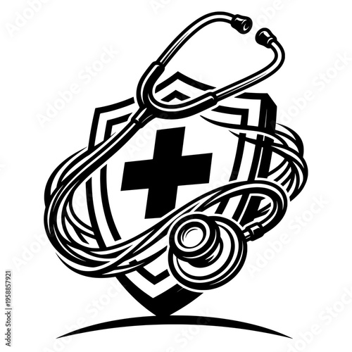 Medical Health Insurance Shield with Stethoscope Vector Illustration