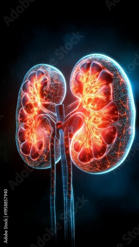 Detailed 3D illustration of human kidneys highlighting internal blood vessels and anatomy.