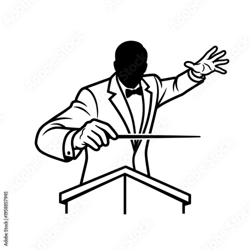 Orchestra Conductor with Baton Leading Symphony Performance – Musical Director at Podium Minimalist Black and White Line Art Illustration