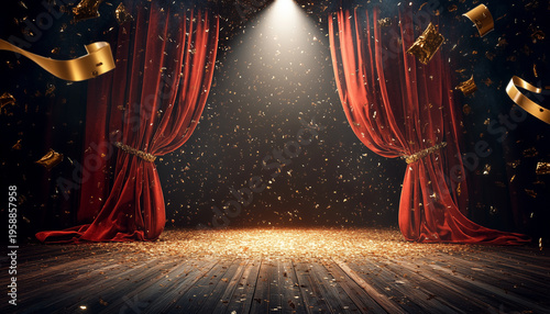 Luxury red velvet curtains open on stage with falling gold confetti. Spotlight shines down on wooden floor covered in glittering pieces