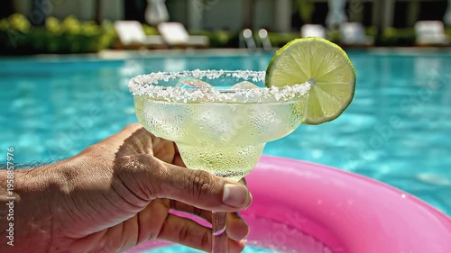 A hand grips a margarita glass filled with ice and garnished with a lime slice, positioned near a vibrant swimming pool surrounded by lounge chairs, capturing a refreshing summer moment