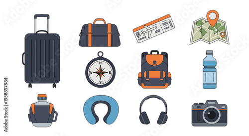The icon set features travel essentials for a journey.