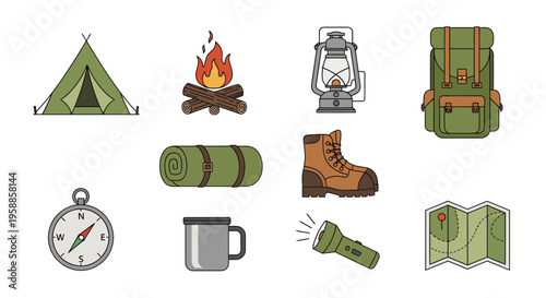 Camping icon set including a tent, campfire, lantern, backpack, and hiking gear