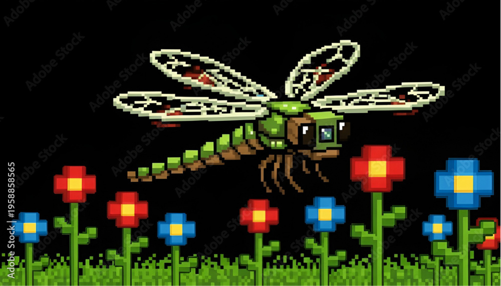 Fototapeta premium Pixel Art Robotic Dragonfly Flying Over Flower Garden on Black Background