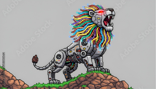 Robotic Lion with Colorful Mane Pixel Art Illustration Standing on Rock