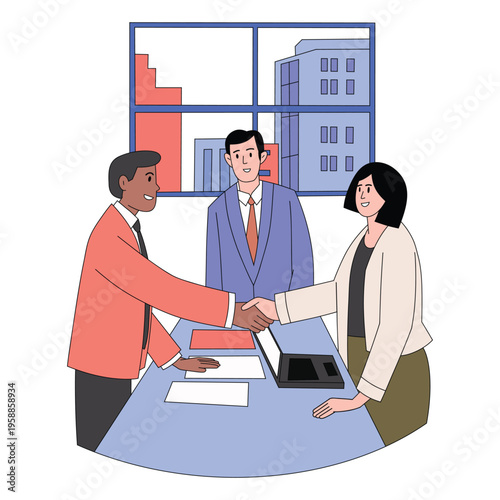 Diverse professionals shaking hands across table with city backdrop flat design