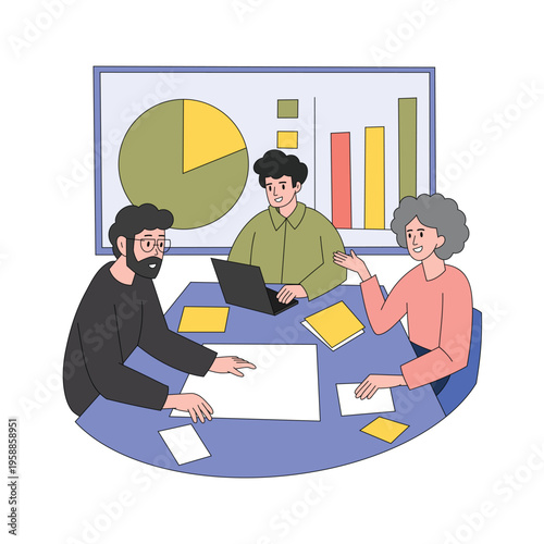 Small team discussing pie charts and bar graphs at blue meeting table flat design