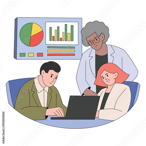 Three professionals analyzing data charts on screen with laptop flat design