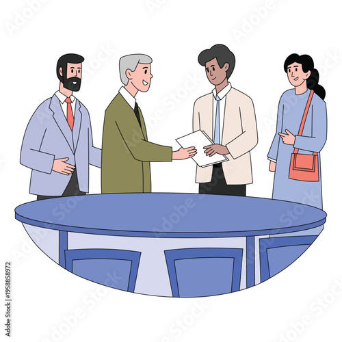 Four diverse professionals networking and exchanging documents near round table flat design