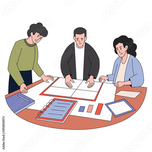Three professionals reviewing blueprints and documents on round table flat design