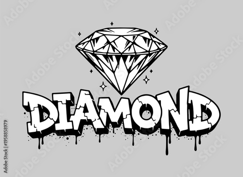 Sparkling diamond gem icon with thick graffiti block font and dripping paint