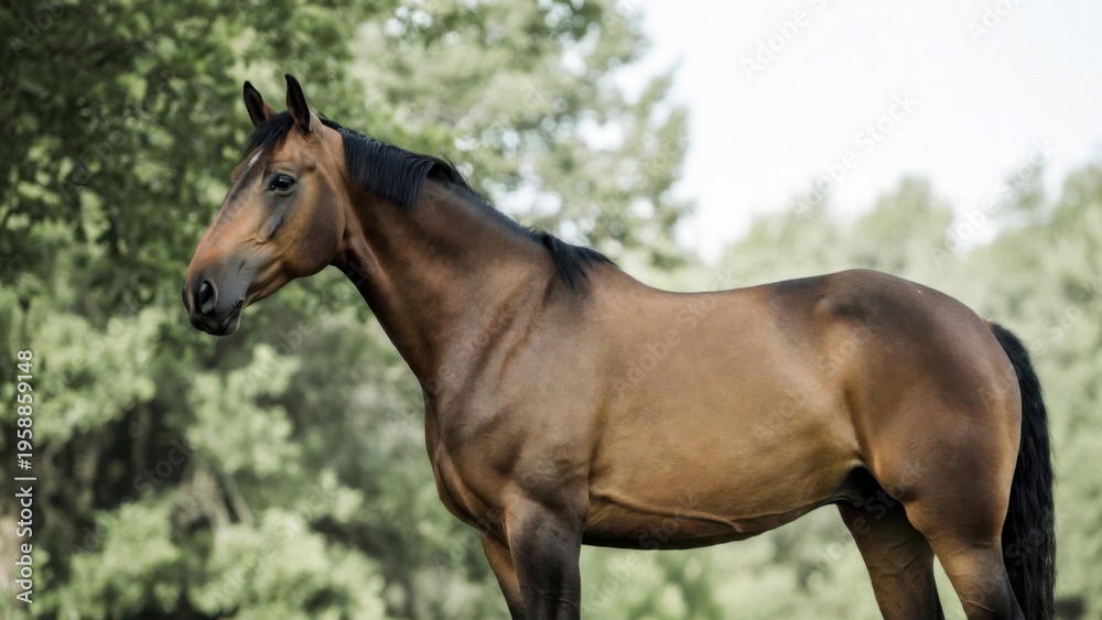 Fototapeta premium Horse standing alert in green outdoor pasture setting