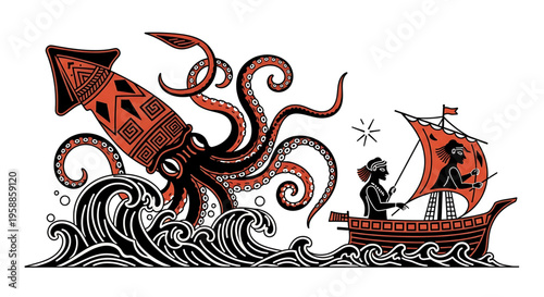 A vector graphic illustration of a giant squid launching a rocket into the air while a sailor navigates a small boat through turbulent waters.
