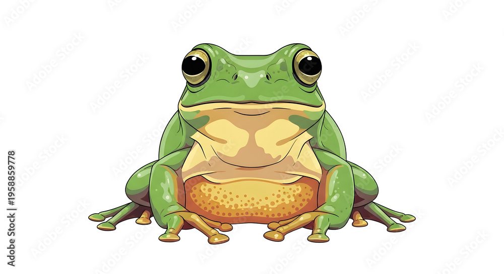Obraz premium Cartoon green frog sitting facing forward.