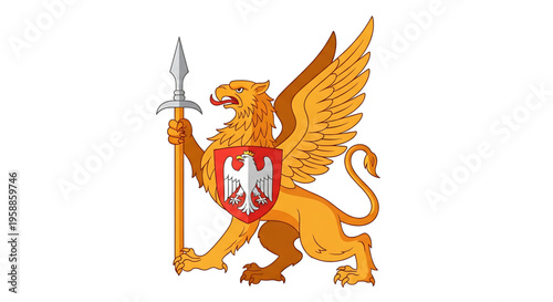 A mythical lion-like creature with wings and a shield, symbolizing strength and protection, in a vibrant vector graphic design.