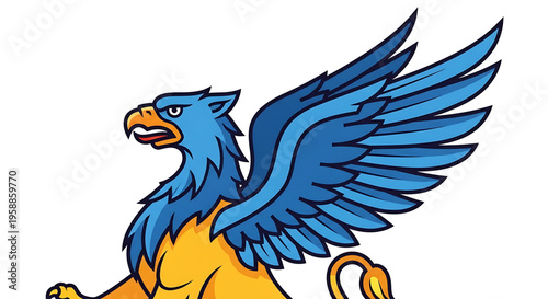 A vibrant cartoon griffin with blue wings and yellow fur stands proudly in a dynamic pose.