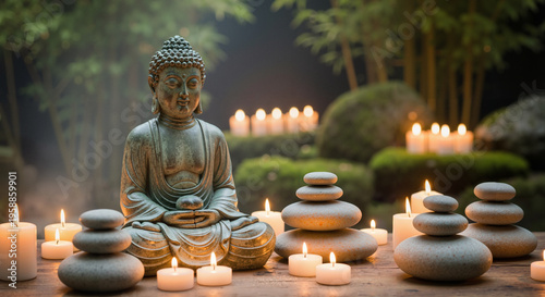 Green Buddha statue sitting in lotus position with stacked zen stones and lit candles. Misty bamboo garden background with mossy rocks. Spa and wellness meditation concept