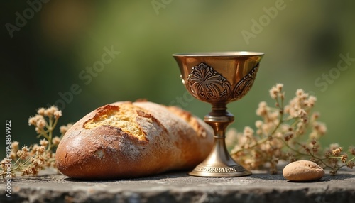 Sacred communion elements bread and chalice on stone table with dried flowers. Religious symbol for worship and ritual, representing faith and spiritual nourishment.