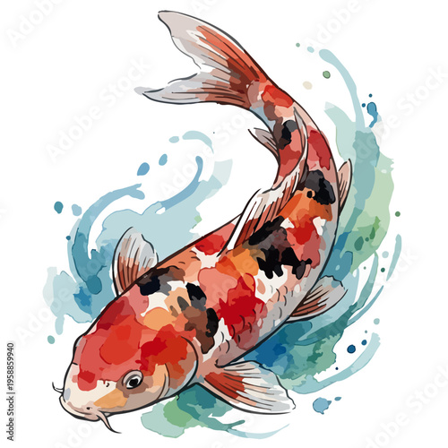 水彩画風の錦鯉が泳ぐ躍動感ある和風イラスト