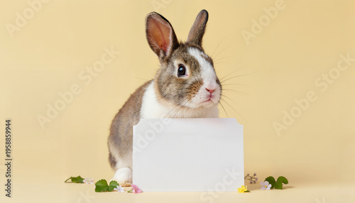 Brown and white rabbit peeking over a blank white card on a yellow background. Easter bunny with spring flowers and copy space for text. Cute animal announcement banner